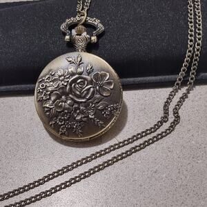 Gold Rose Roses Pocket Watch Necklace Women's Anniversary Birthday Gift - NEW